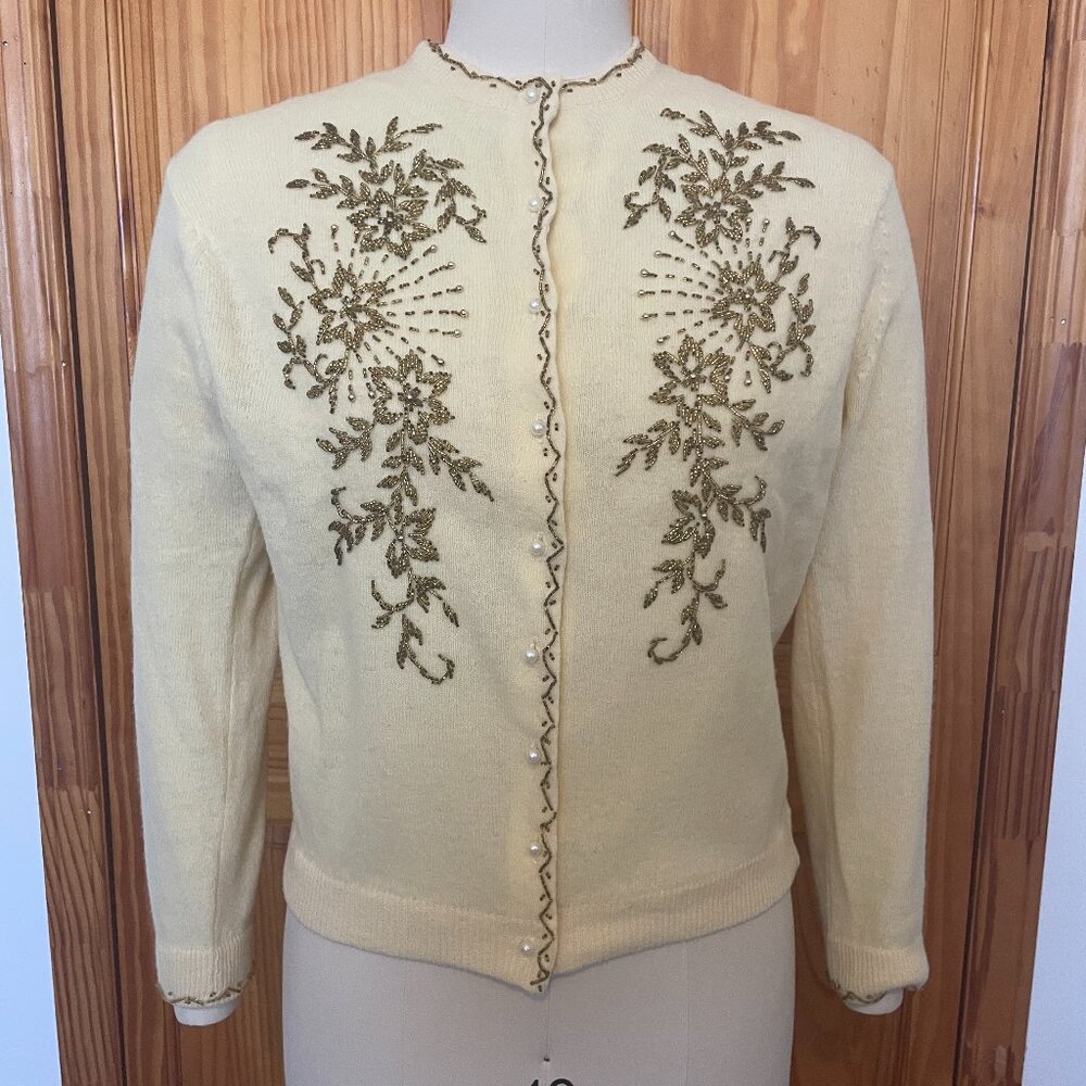 Vintage 1950s Pale Yellow Beaded Cardigan Sweater